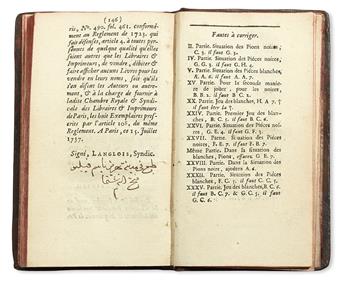 CHESS.  Stamma, Phillip. Essai sur le Jeu des Echecs.  1737